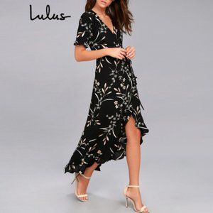 Lulu's Wild Winds Black Floral Hi-lo Wrap Dress L